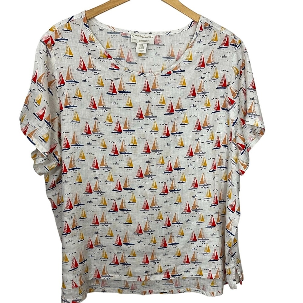 Cynthia Rowley Top Womens 2X  100% Linen Sailboats Nautical Beach Nautical Boxy‎